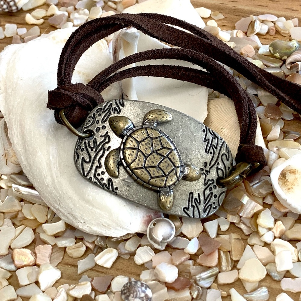 Sea Turtle 2-tone Vintage Coastal Leather Bracelet - Picture 5 of 7